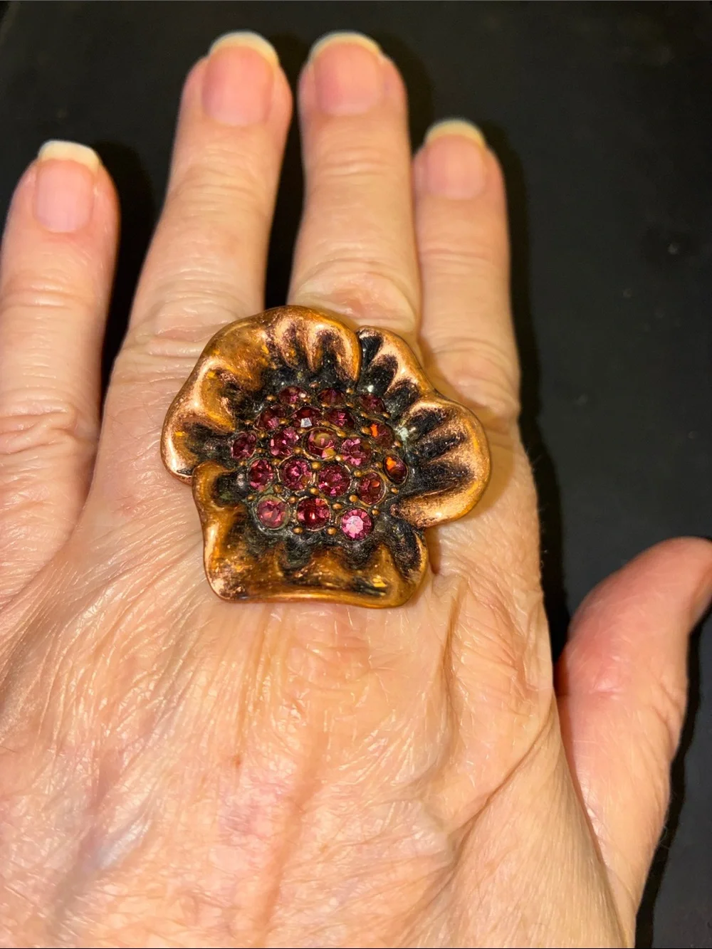 Vintage-Inspired Copper Flower Stretch Ring with Pink Crystal Cluster